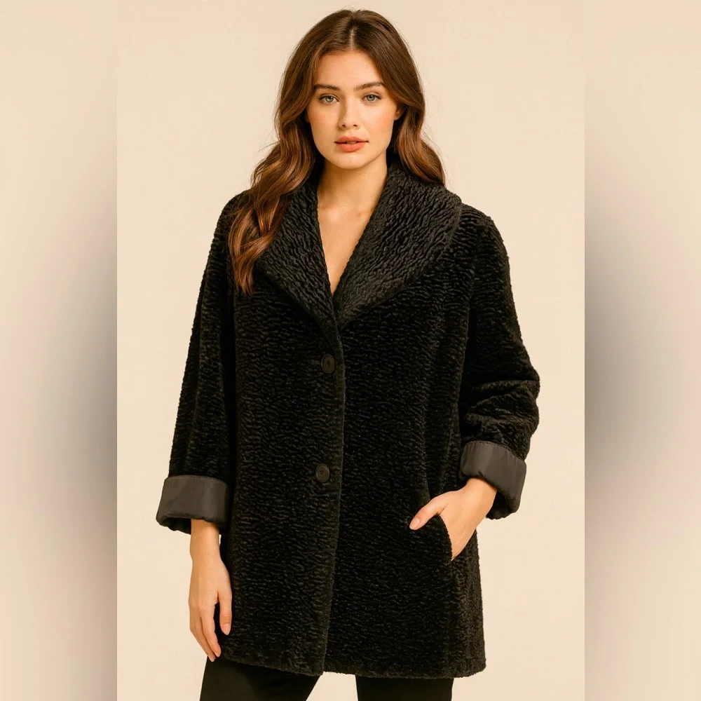 Calvin Klein Black Reversible Faux Fur Swing‎ Coat Sz. L
